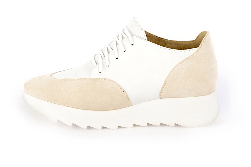 Champagne beige and off white women's casual lace-up shoes. Square toe. Low rubber soles. Profile view - Florence KOOIJMAN